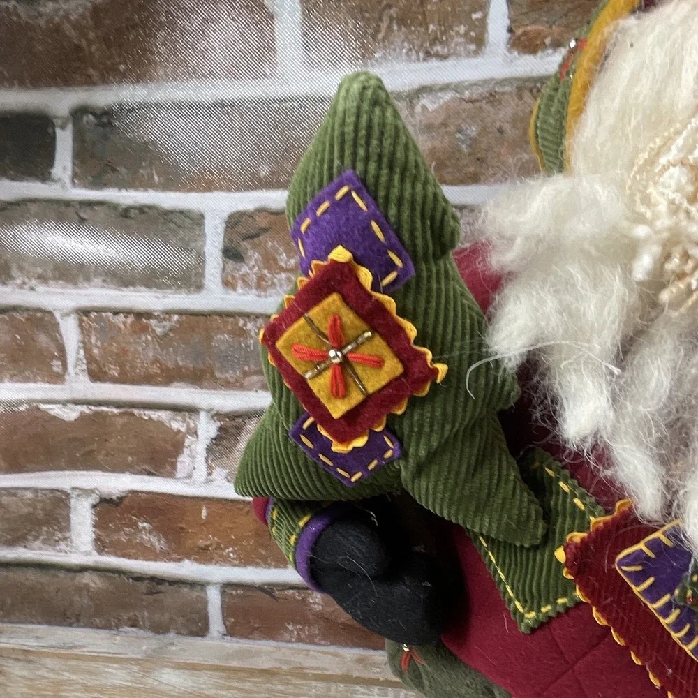 Santa Claus Christmas Figurine Fabric Freestanding Burgundy Green 19in Tall